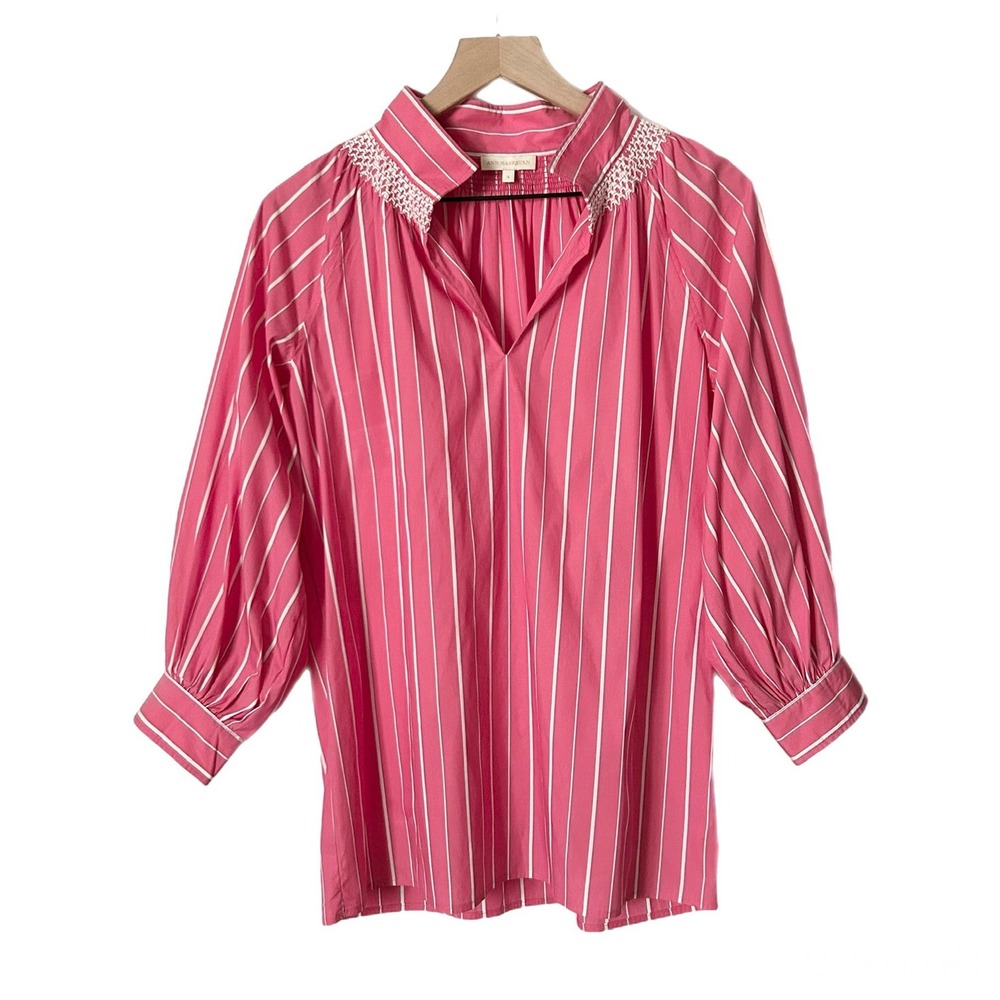 Ann Mashburn Smocked Neck Popover Shirt Blouse Cotton Pink Striped Size Small